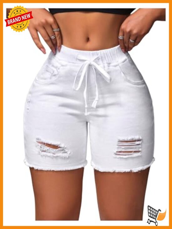 Pants - Skinny Drawstring Waist Distressed Denim Shorts